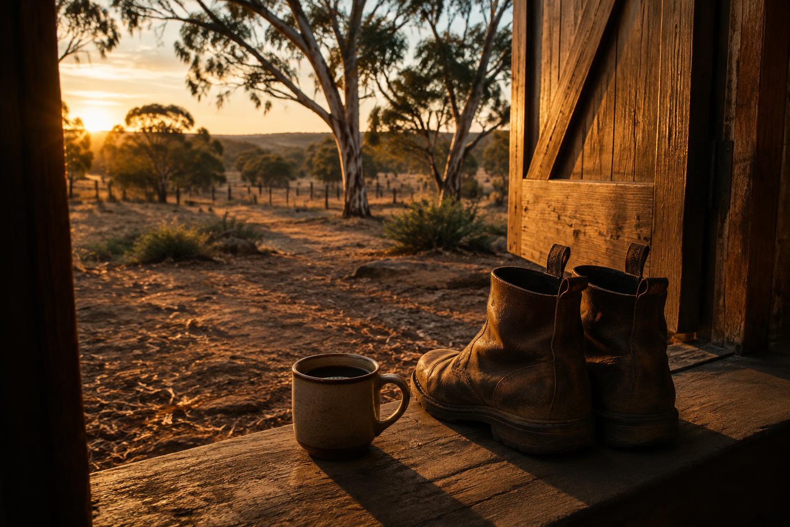 Work boots and a mug of coffee on a timber step at sunrise