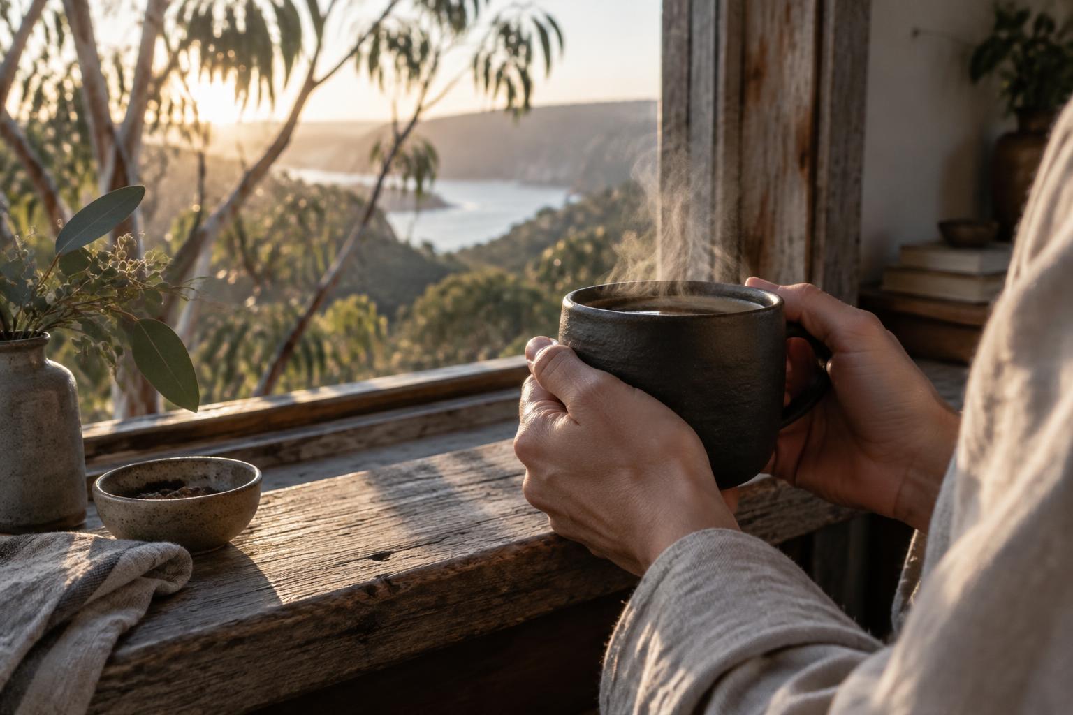 Hands warming around a cup of coffee by a window at dawn