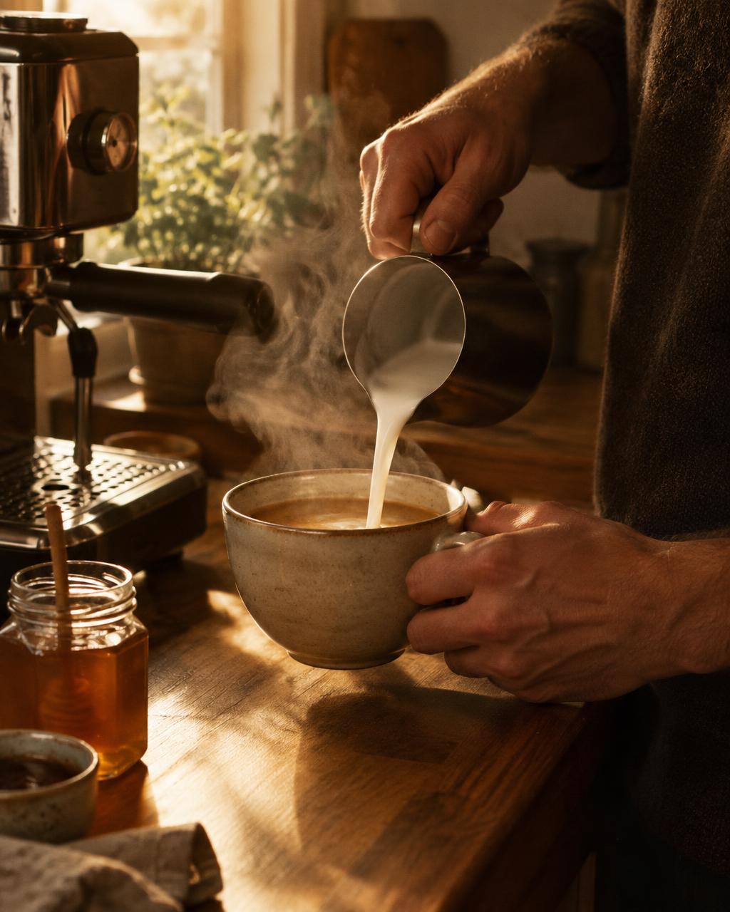 Hands pouring milk into a large ceramic cup at a home espresso machine