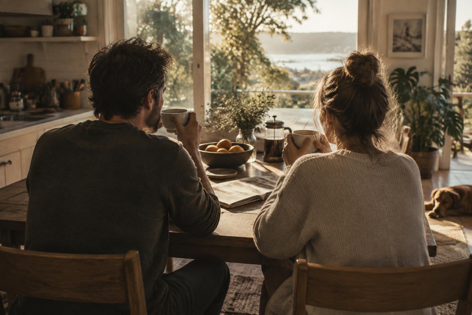 Two people sharing a quiet morning coffee together at home